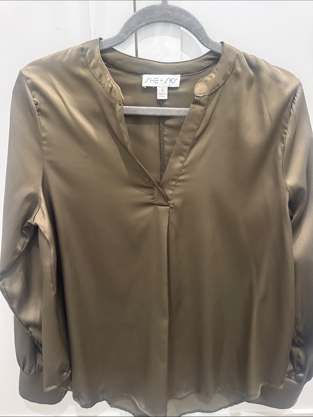She + Sky Olive Satin Split-Neck Blouse